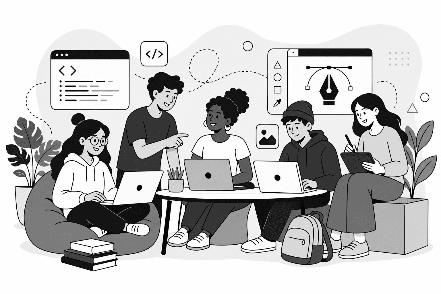 Cartoon learners collaborating on coding and design