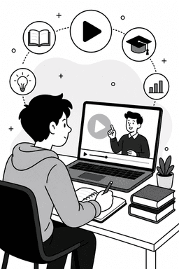 Cartoon student watching a video lesson