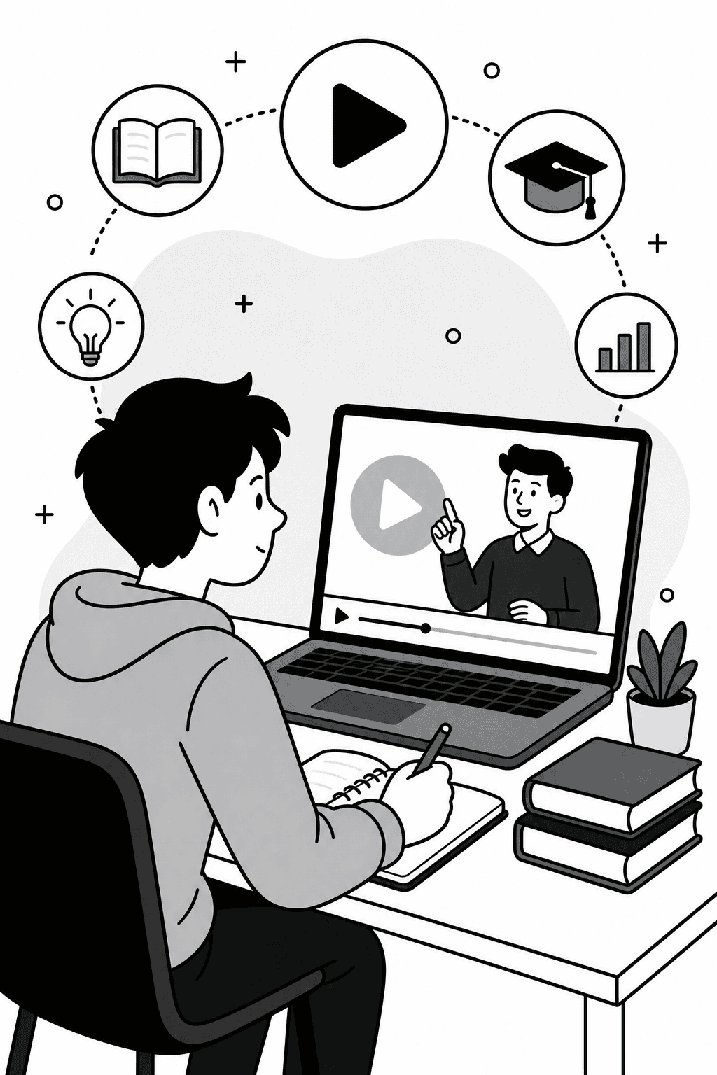 Cartoon student watching a video lesson